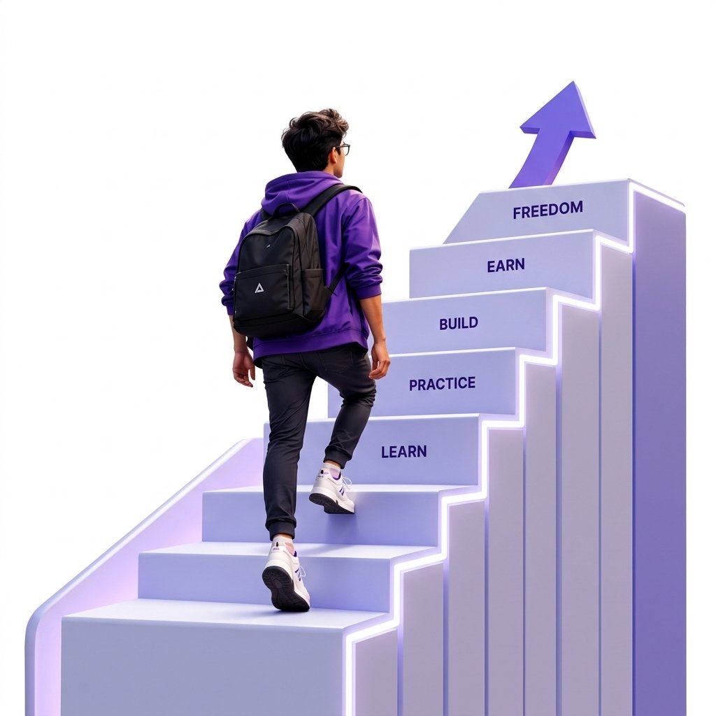 Student ascending staircase to success